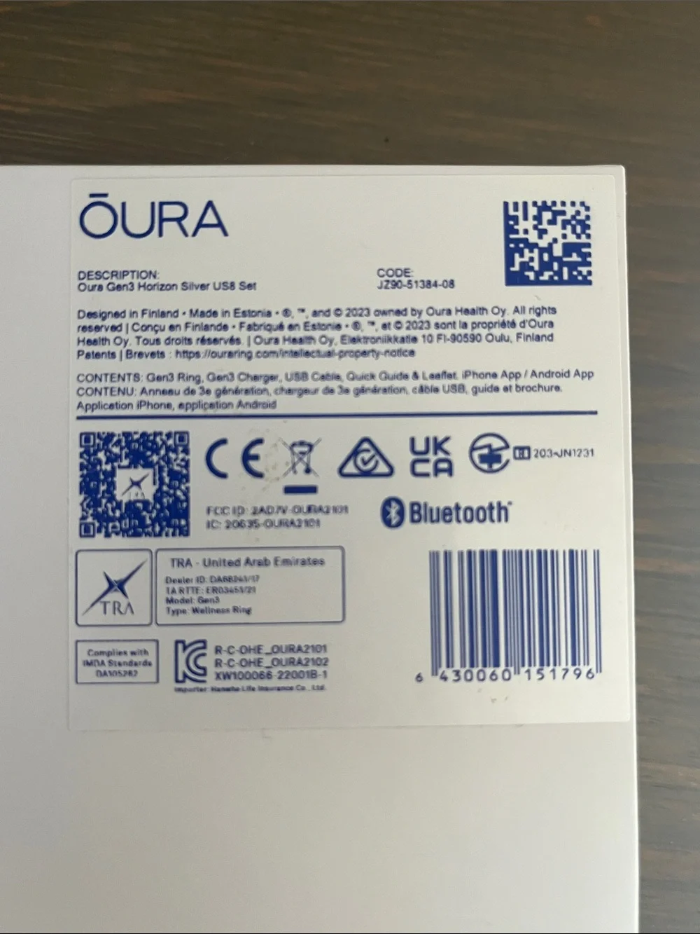 Oura Black Ring Charger and Cable Size 8 Gen3